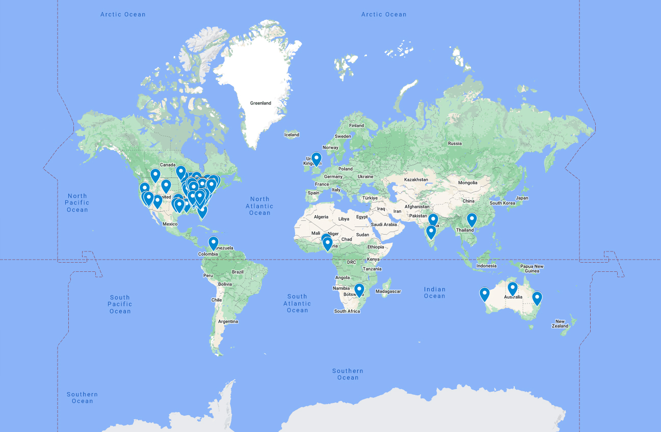 World map with pinned club locations around the world.